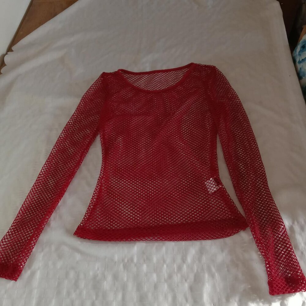 Red stretch mesh long-sleeved sweater